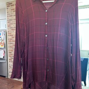 J. Jill Women’s Deep Red Button Down Shirt with Windowpane Design, S